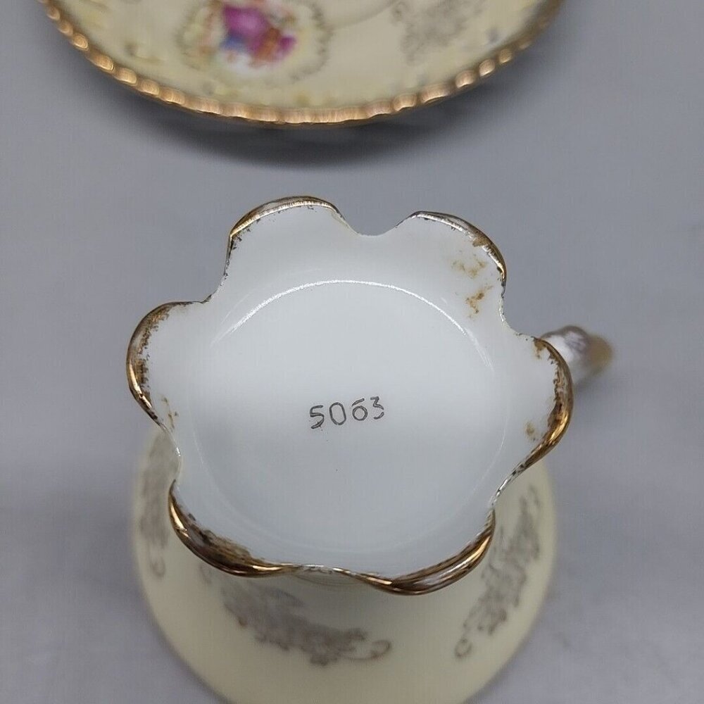 Vintage Enesco Tea Cup & Saucer Set Iridescent Gold Edge Victorian Women - Picture 5 of 8